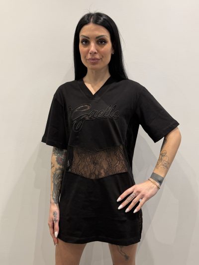 Gaelle Paris - Maxy t-shirt scollo a V mezza manica con inserti in pizzo - GAABW09345 - Nero