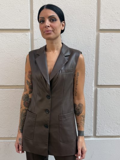 GL for Her - Giacca doppiopetto con colletto rever e tasche in ecopelle - GLD9020JW - Dark brown