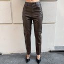 GL for Her - Pantalone a sigaretta in ecopelle con tasche e spacchetti laterali sul fondo - GLD7038PA - Dark brown