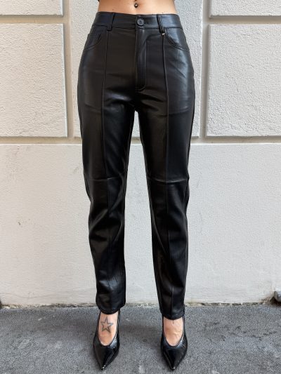 GL for Her - Pantalone a sigaretta in ecopelle con tasche e spacchetti laterali sul fondo - GLD7038PA - Nero