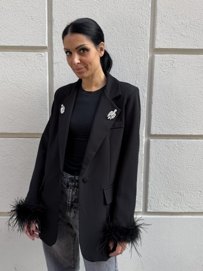 WONDERLAND - Blazer oversize custom con applicazioni gioiello e piume - Nero