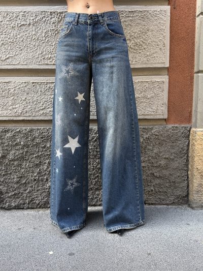 WONDERLAND - Jeans palazzo con stelle strass e glitter - Blu